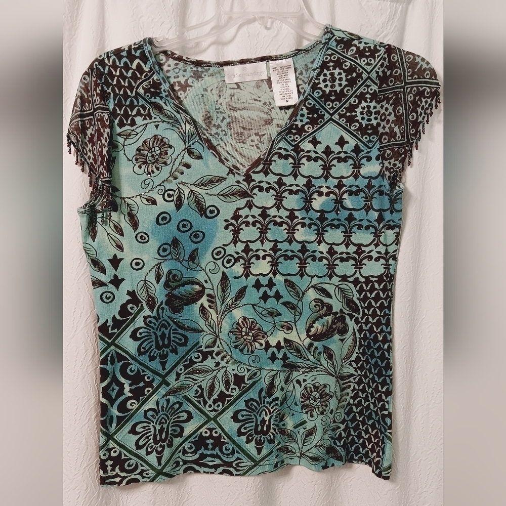Soft Surroundings Beaded Cap Sleeves Sequins Blue Multicolor Boho Slim Fit
